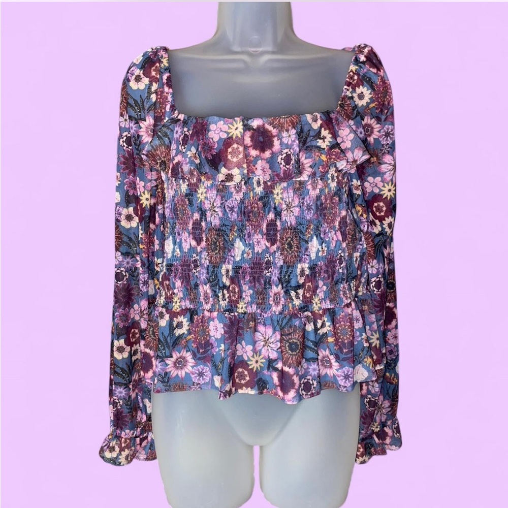 NWT LC Lauren Conrad Smocked Bodice ruffled hem Top Lg